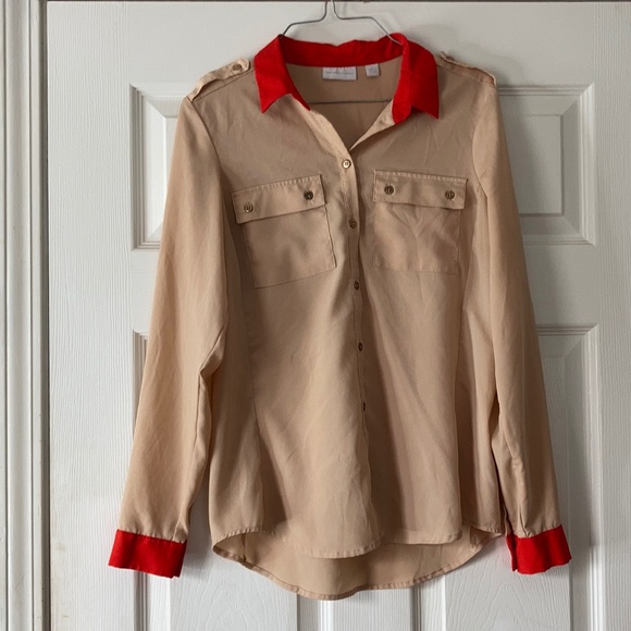 New York and company tan beige orange red button front long sleeve blouse top - Picture 1 of 17